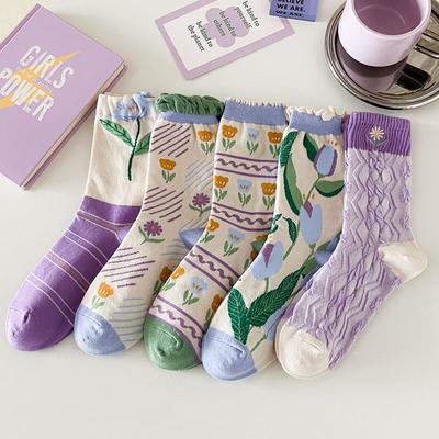 5 Pairs of Purple Socks for Women, Mid-calf, Spring and Autumn Cute Retro Flower Caramel Macchiato Tulip Trendy Socks