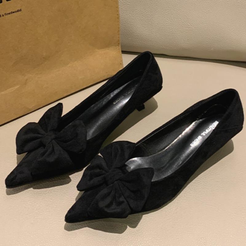 Women's Thin Heel Single Shoes Autumn New Pointed Head Shallow Mouth Suede Butterfly Knot Non-slip Low Top Shoes