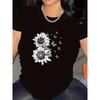 Womens Black White Sunflower Print Tee Round Neck Short Sleeve Relaxed Fit Durable Hot Transfer Floral All-Season Machine Washable Versatile Casual
