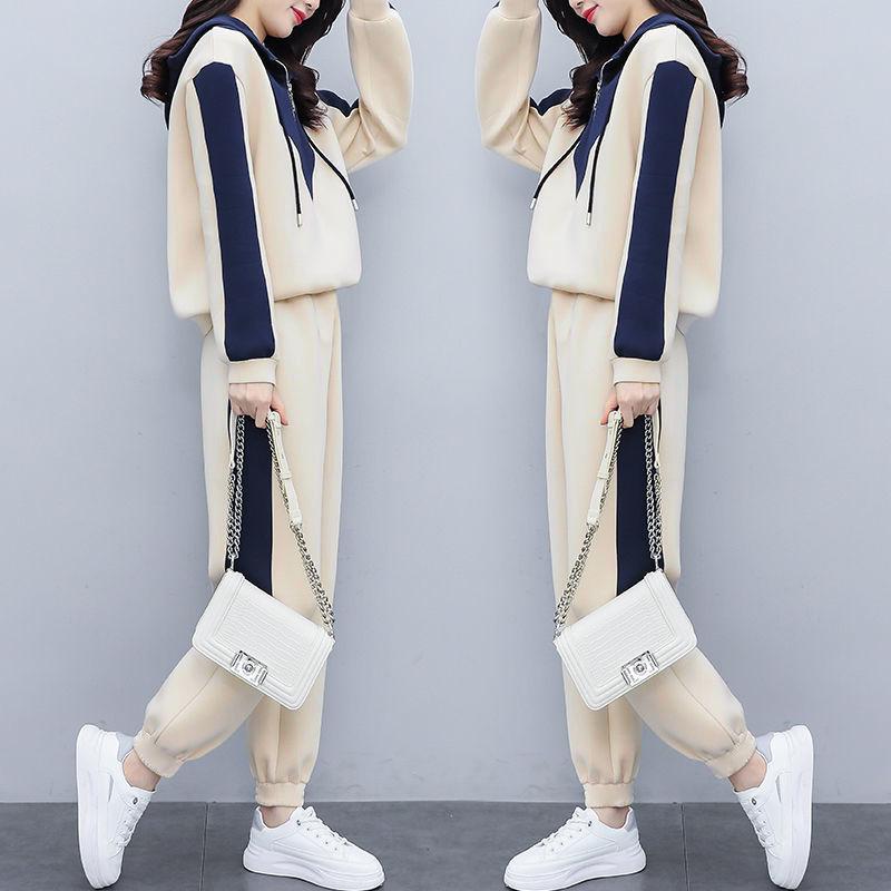 Casual sports suit women's 1116 spring and autumn new large-size women's clothing splicing sweater fashionable and thin foreign two-piece set