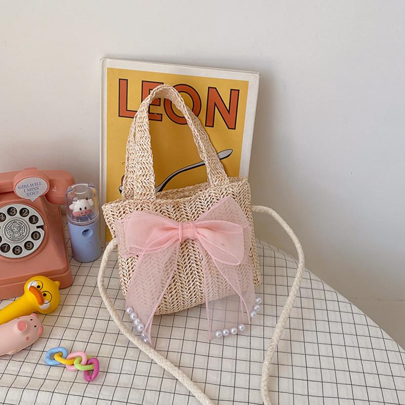 Childrens Straw Bag With Fruit Pattern Kids Casual Woven Handbag For Daily Use Ivory Pink
