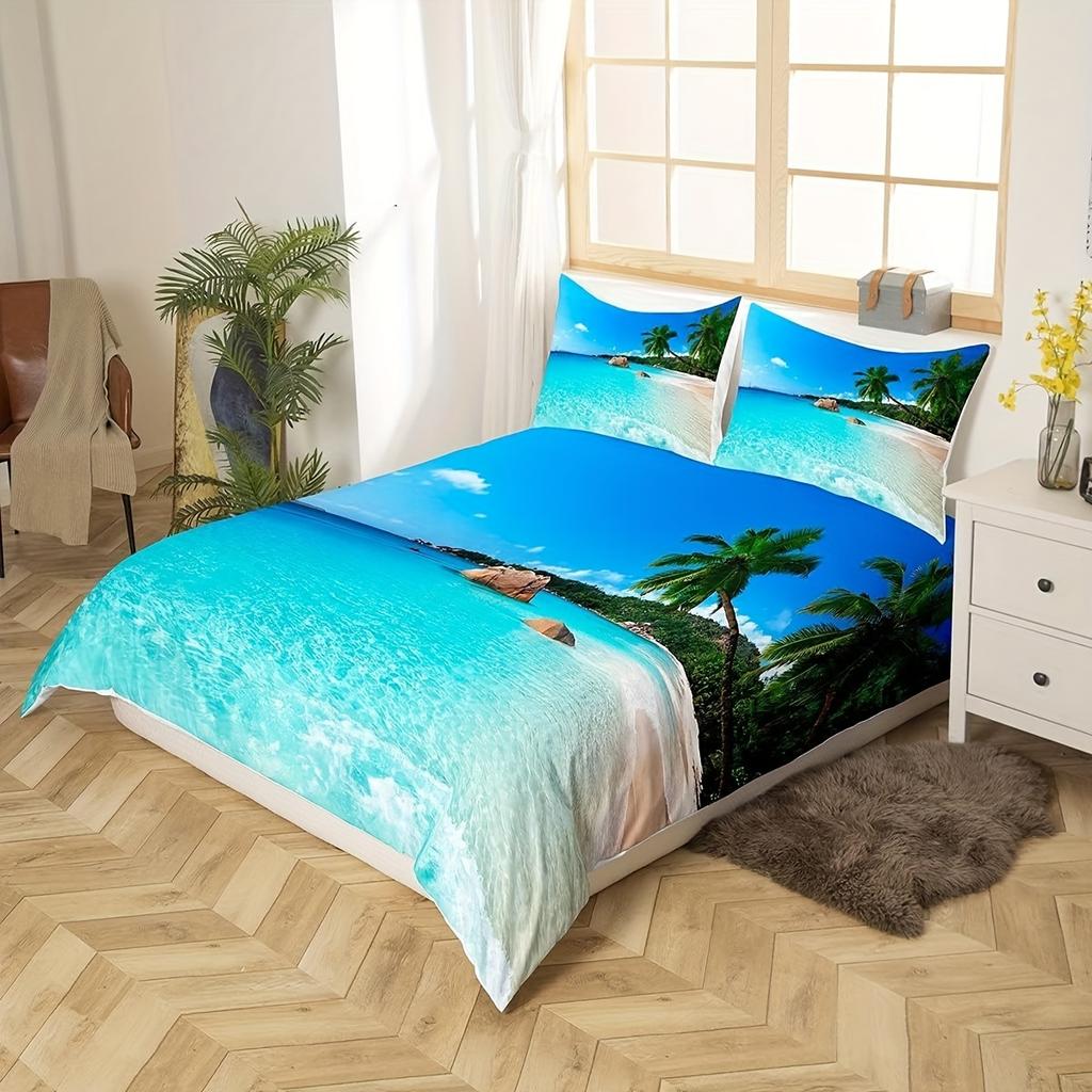 2/3pcs Beach And Sea View Printed Duvet Cover Set, Landscape Bedding Set For Bedroom Decor
