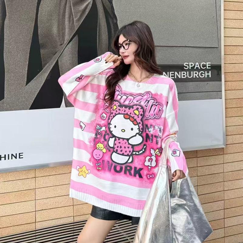 Korean Style Rhinestone Cartoon Pullover Sweater - Cute Round Neck Long Sleeve Knitwear for Women