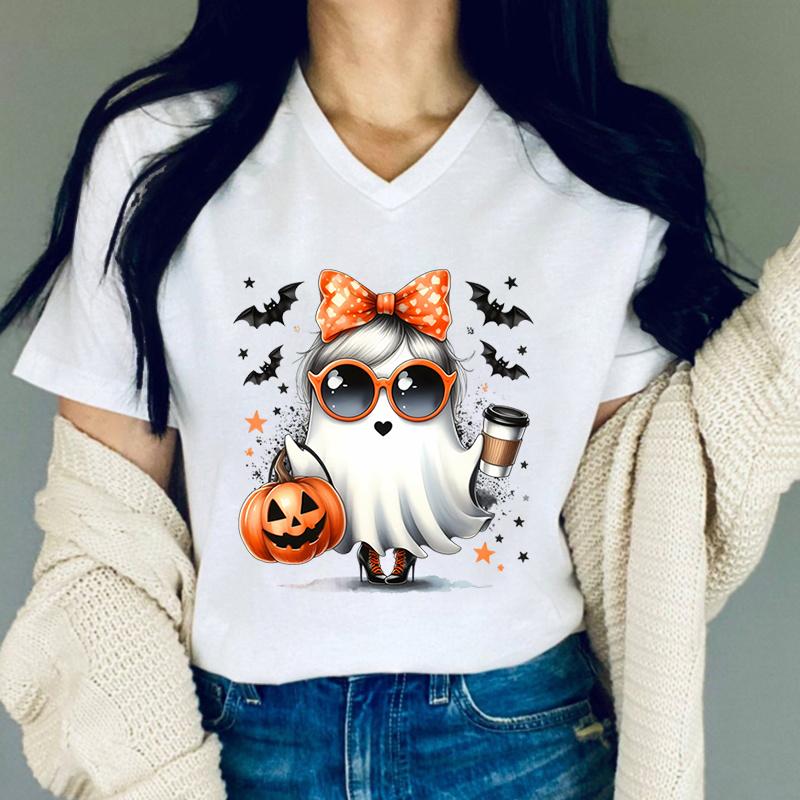 Halloween Ghost Graphic T Shirts Women Pumpkin Coffee Lovers Tshirt Fashion Ghost Print Women Funny Halloween Casual Tshirts S