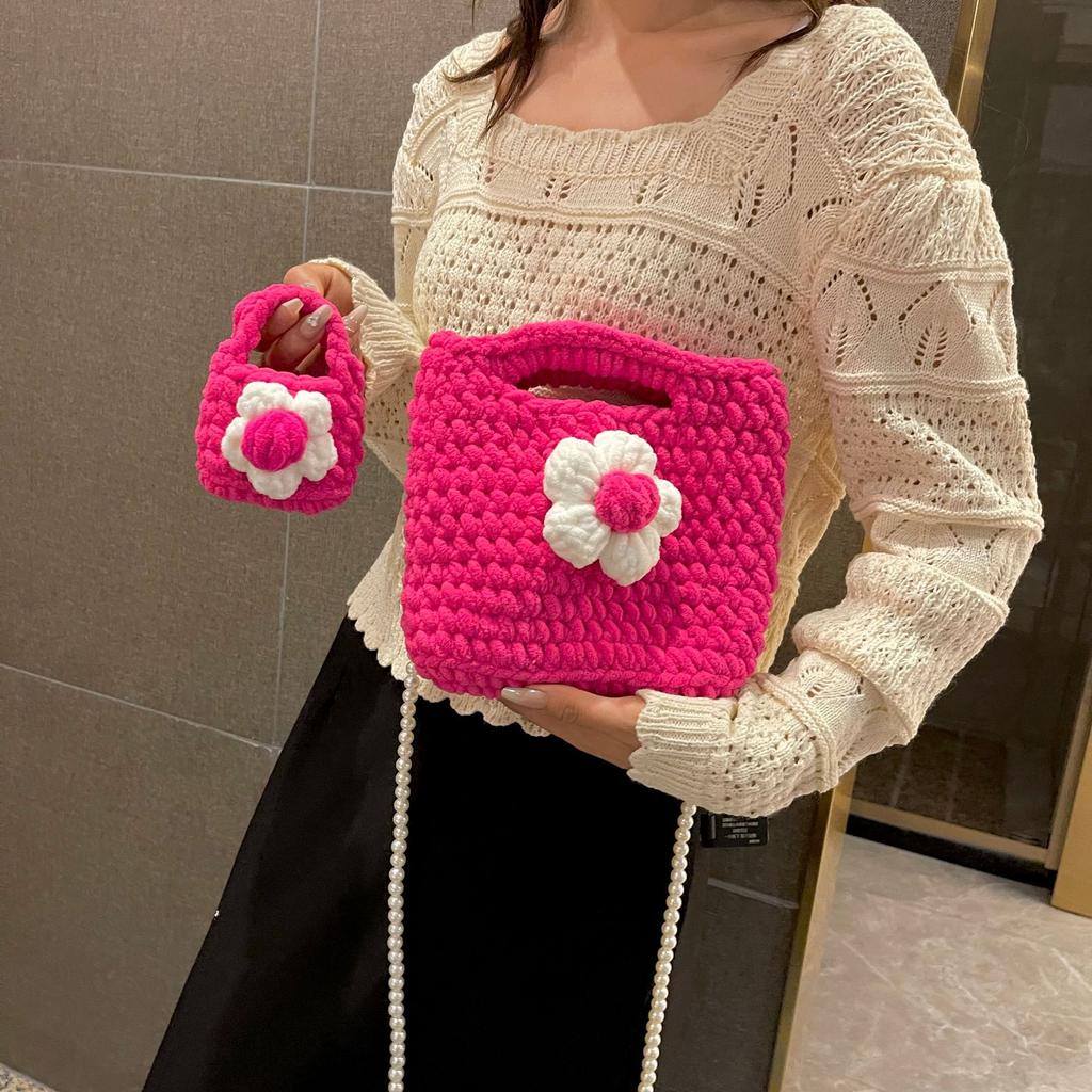 Tote Bag, Wool Puff Flower Bag, Sweet Flower Handwoven Bag, Ice Bar Thread Crochet Wool Women's Bag