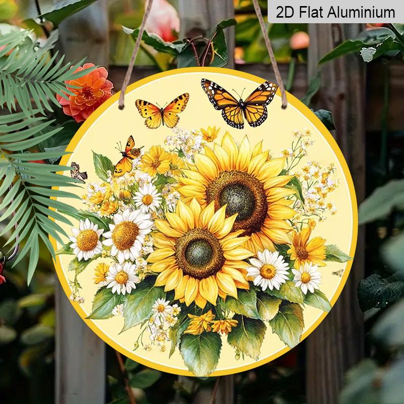 2D Flat Aluminum Retro Sunflower-Themed Wall Art 7.87 Inches X 7.87 Inches Rustic Style Perfect for Gardens, Farmhouses, Bars, Cafes, Parties, Front