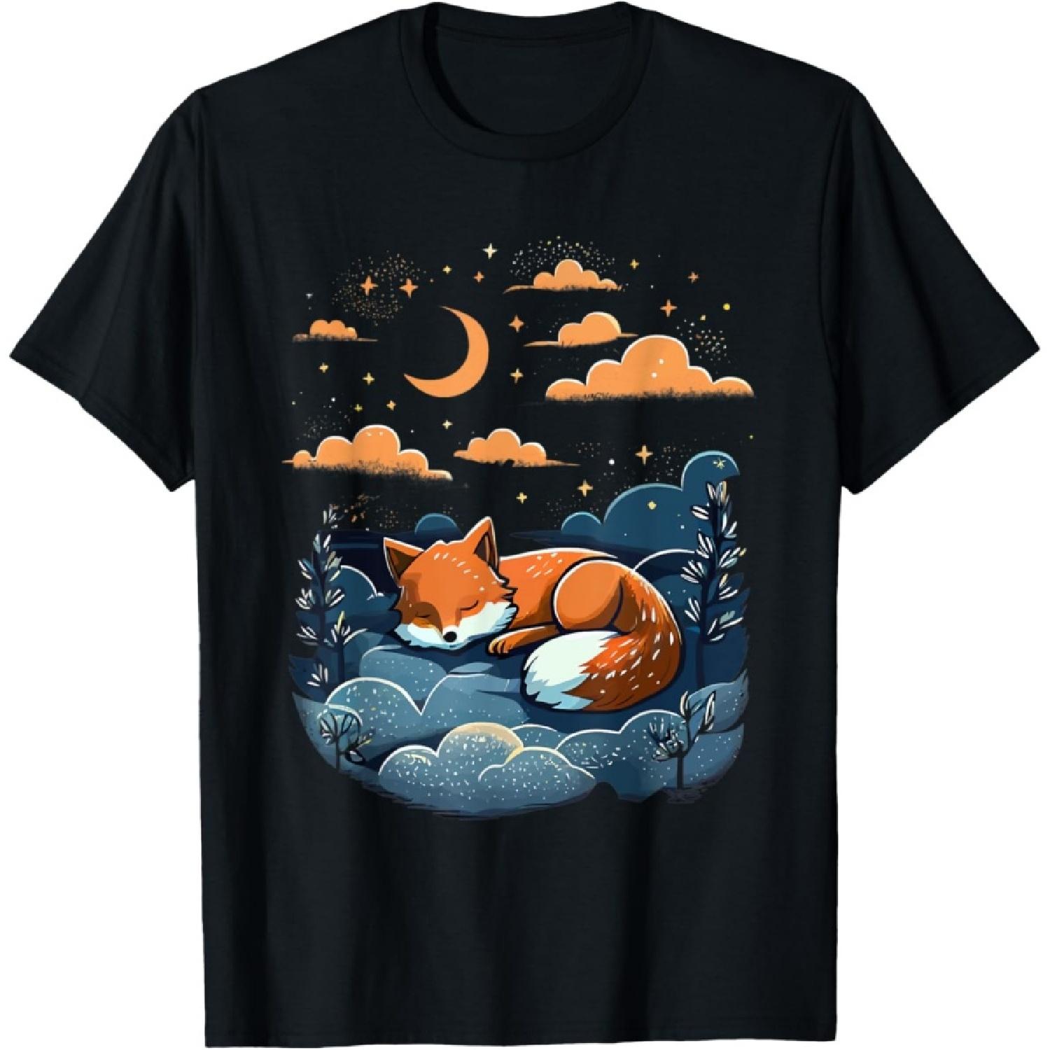 Cute Fox Sleeping Stars Forest Night T-Shirt S