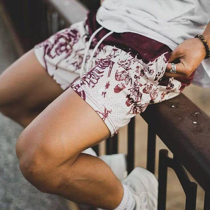 

Summer American-Style Men s Loose Mesh Sports Shorts with Skull Design, European and American Style, Basketball Student Knee-Length Thin Shorts Skull Red XL