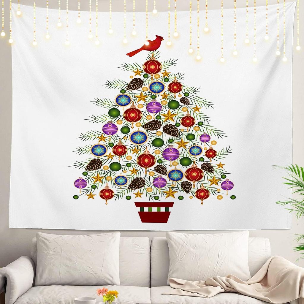 Christmas Wall Tapestry, Tree Wall Hanging Large Tapestry Decoration Polyester Fiber White Hem Around for Dorm Room Bedroom