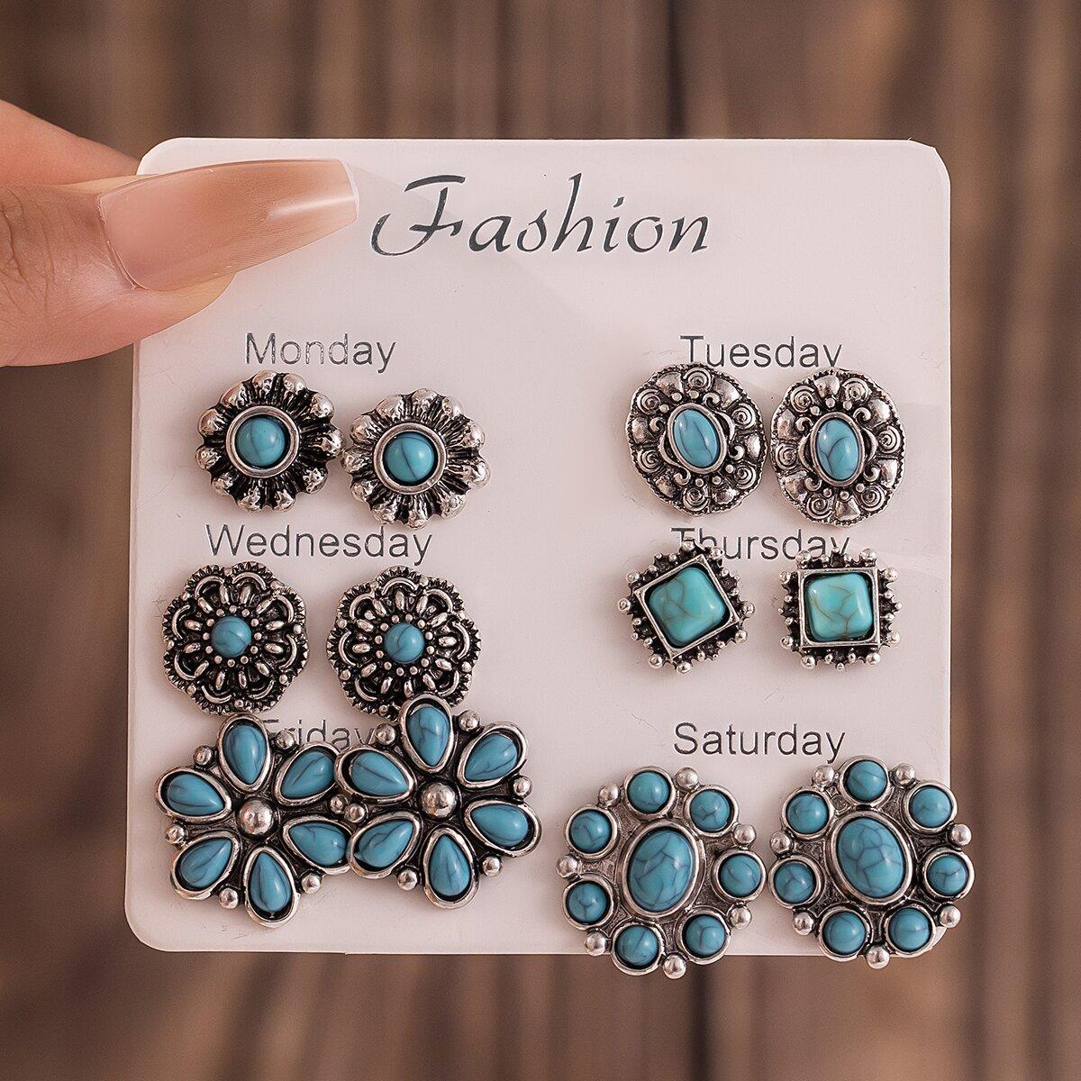 European and American Exaggerated Retro Bohemian Style Oval Geometric Flower Elements Ethnic Style Tourism Turquoise Suit