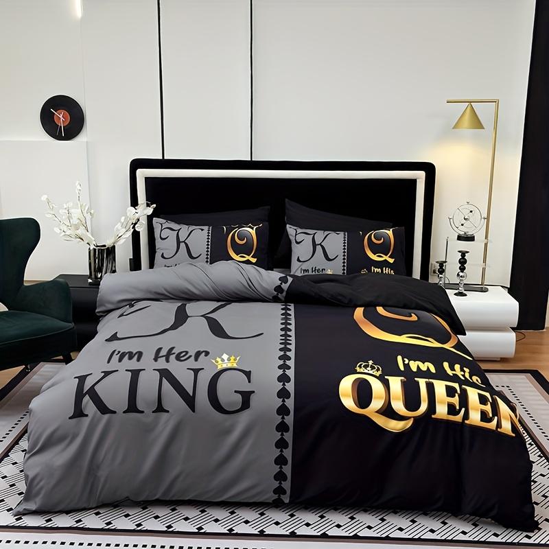 Super Soft Breathable Black Grey Color Blocking Crown Letter Duvet Cover Set At Home High Definition Printing Queen King Size