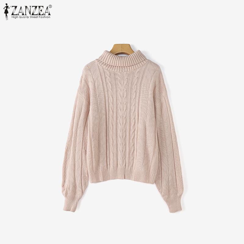 ZANZEA Women Autumn Winter Sweaters High Neck Long Sleeve Knitted Pullover Jumpers