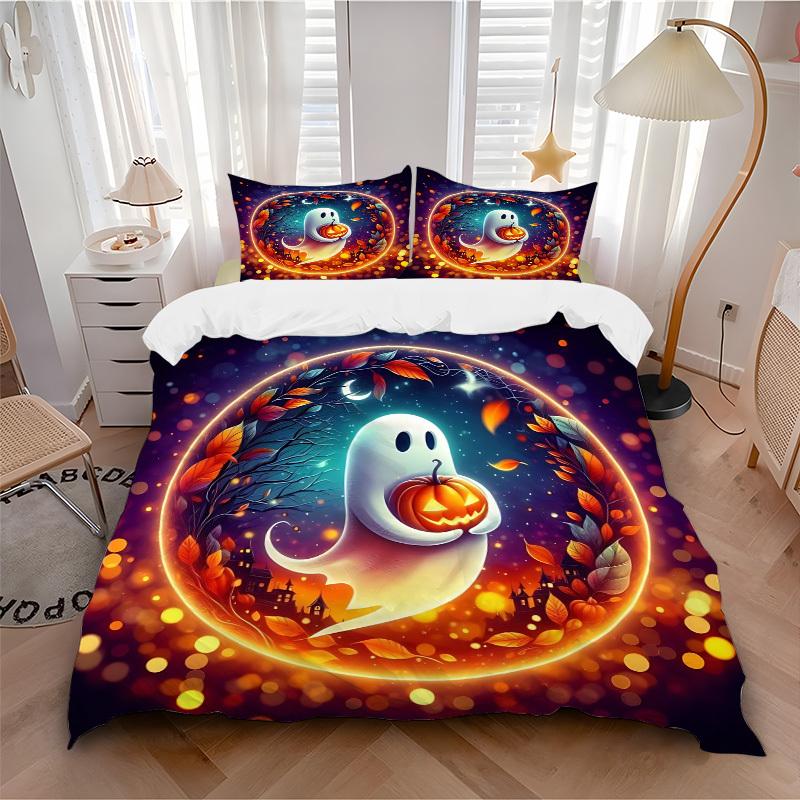 

3pc Ghost Pumpkin Cover Set - 1 Quilt Cover + 2 Pillowcases, All Seasons Bedroom Setting, Perfect for Home077 135x200cm