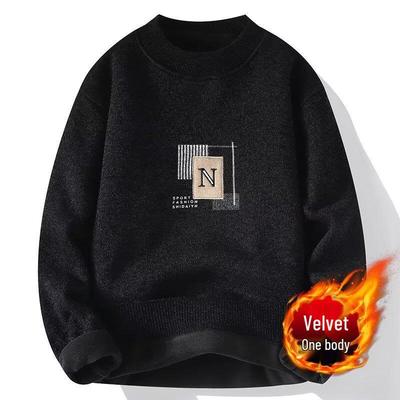 Men's One-Piece Fleece-Lined Plush Sweater for Autumn/Winter - Knitted Base Layer for Teens and Students