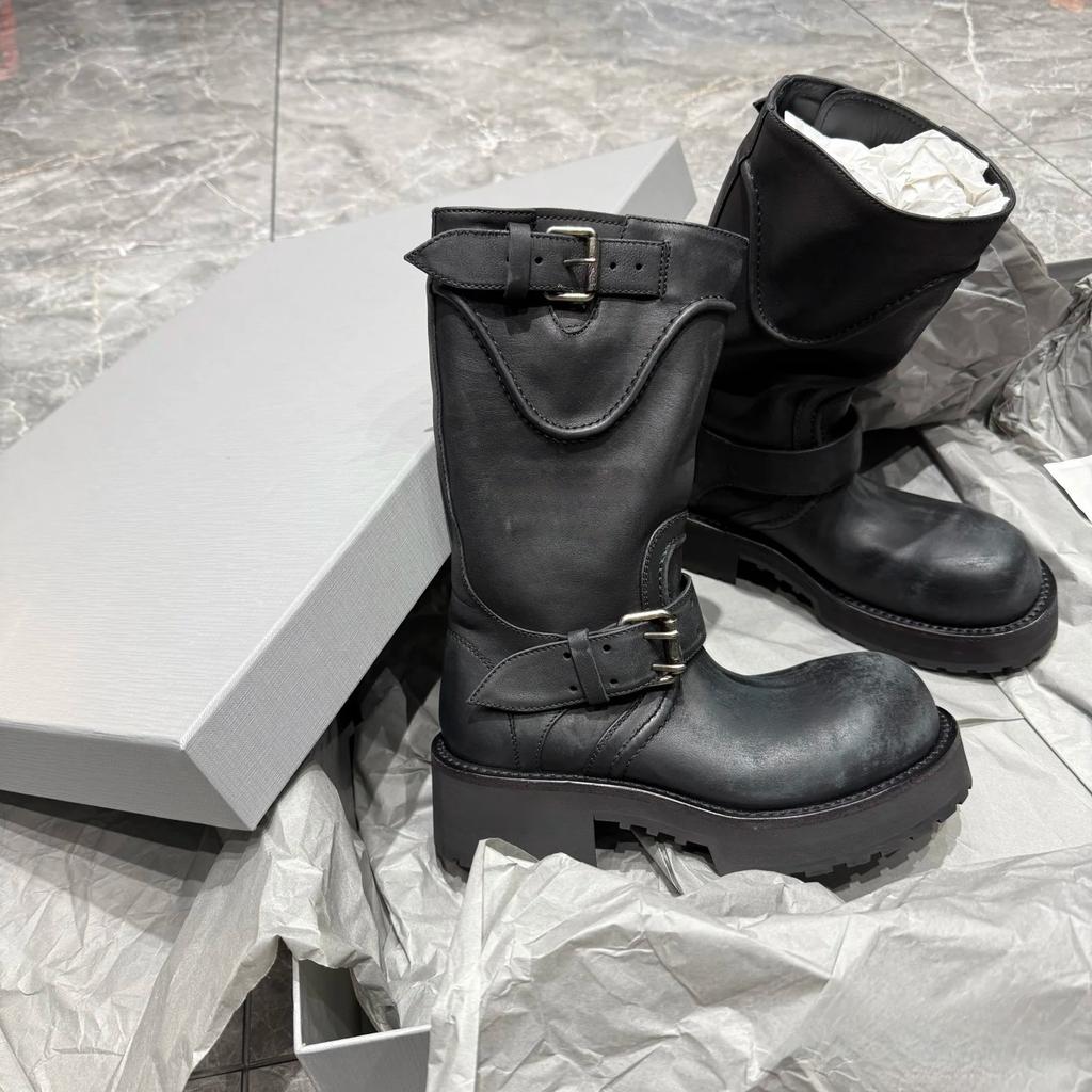 Paris big head retro thick-soled medium tube Martin boots women's versatile belt buckle western boots slimming inner heightening locomotive boots