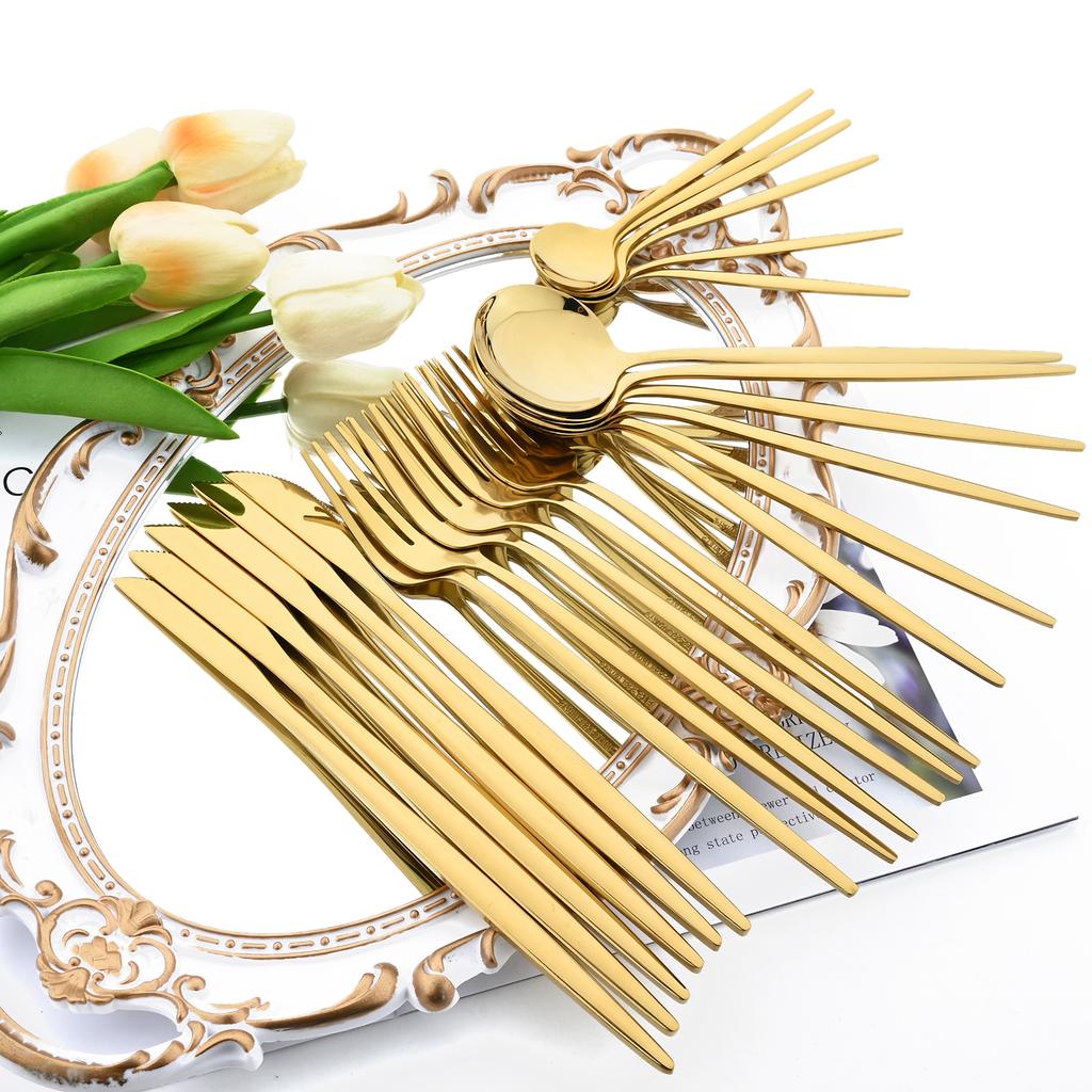 Jankng Gold 24Pcs Dinnerware Stainless Steel Cutlery Set Knife Fork Spoon Western Tableware Set Dinner Kitchen Silverware Set
