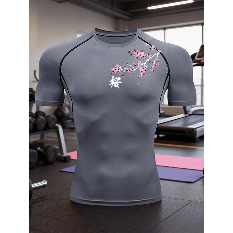 Maglietta a compressione da uomo blu navy con stampa di fiori di ciliegio, traspirante ad asciugatura rapida, stile giapponese, top da palestra per allenamento