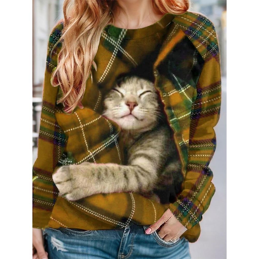 Large-sized Women's Pullover Christmas Sweatshirt Plaid Cat Casual Sportswear Festival Round Neck Long Sleeve Top Micro-elastic Fall & Winte