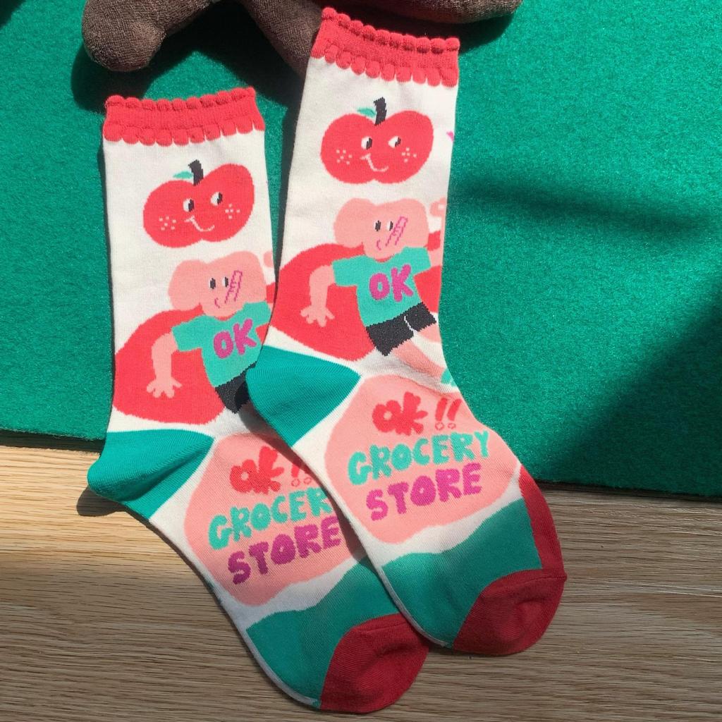 Socks Female Cute Baby Elephant Original Illustration Bubble Edge Cotton Socks Cartoon Print Personality Medium Stockings