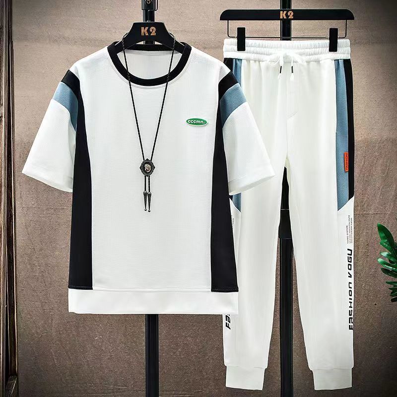 

Летний мужской молодежный комплект с коротким рукавом и длинными брюками, из двух частей, дышащий, повседневный, модный, вафельный спортивный костюм с ледяной прохладой XS белый