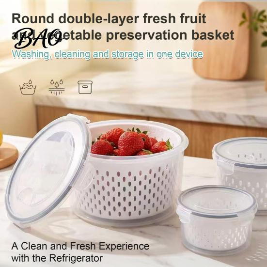 Refrigerator Organization Bin Round Fruit Vegetable Storage Container, 2-Layer Food-Grade PP Crisper with Kitchen Solution Drain Basket, Leak-Proof