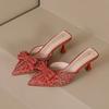 Fashion Shoes 5cm Thin Heels Womens Slippers Outdoor Pointed Toe Low Butterfly-Knot Pantofle Heeled Mules Slides Jelly Flip Flops
