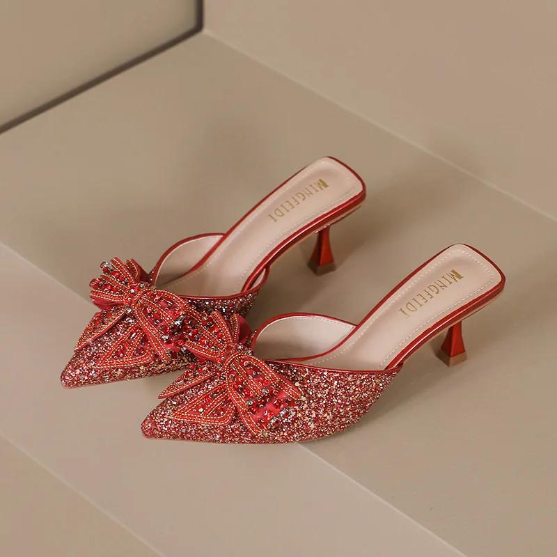 Fashion Shoes 5cm Thin Heels Womens Slippers Outdoor Pointed Toe Low Butterfly-Knot Pantofle Heeled Mules Slides Jelly Flip Flops