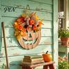 Harvest Season Home Interior Decor Wooden Pumpkin Halloween Door Sign with LED Lights, Artificial Floral Hanging Thanksgiving Party Welcome