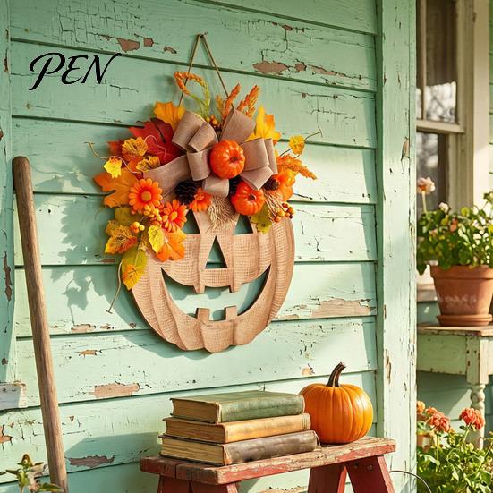Harvest Season Home Interior Decor Wooden Pumpkin Halloween Door Sign with LED Lights, Artificial Floral Hanging Thanksgiving Party Welcome