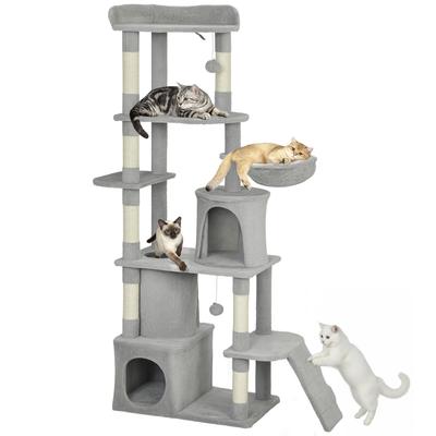 170 Cm Large Cat Tree, Cat Tower with 7 Scratching Posts, Tunnel, 2 Condos, Hammock, Perch, Ramp, Pompoms, Light Grey