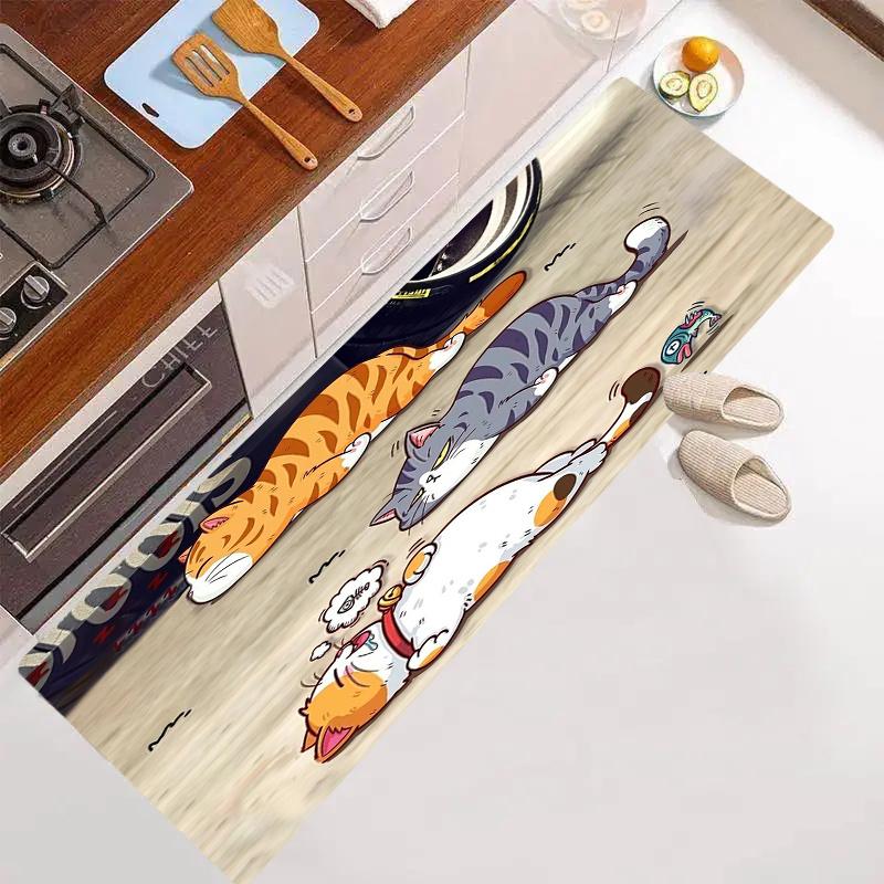 VIKAMA Cartoon Greedy Kittens Rug Non-slip Absorbent Kitchen Rug Bathroom Mat Doormat Rug For Bedroom Live Room Home Decor