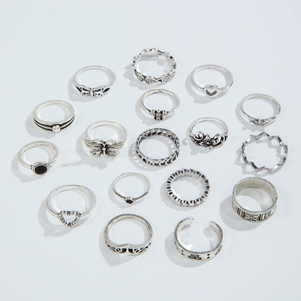 Accessories 15-piece ring set Personalized trendy openwork lotus sunflower geometric black gemstone set ring