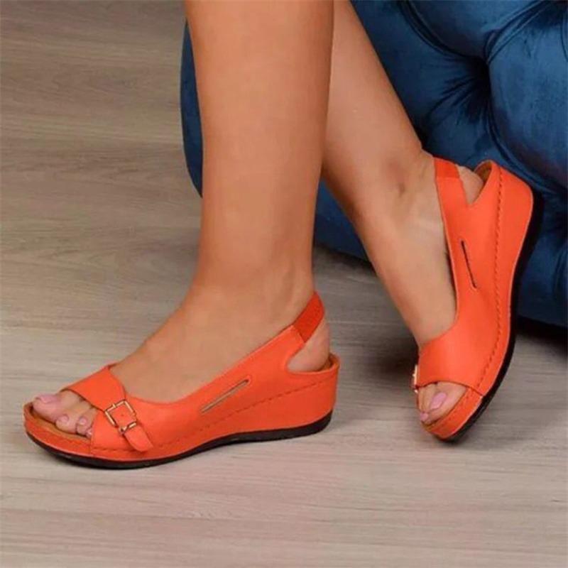 

Hot Sale Large Size 44 Slope Heel Fish Mouth Sandals Women s Summer Hollow Belt Buckle Sandals 43 оранжевый