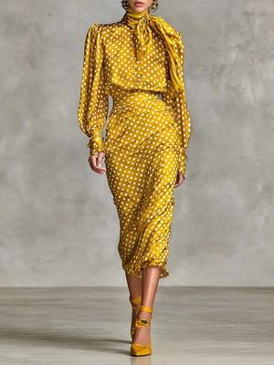 2025 European Polka Dot Lace-up High Neck Dress Set for Autumn/Winter
