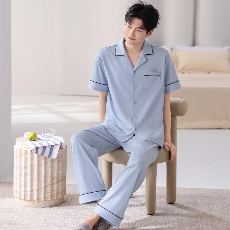 Men's 100% Cotton Summer Pajama Set: Loose Short Sleeve Top & Long Pants for Middle-Aged Dads, Plus Size, High-End Comfort Home Wear