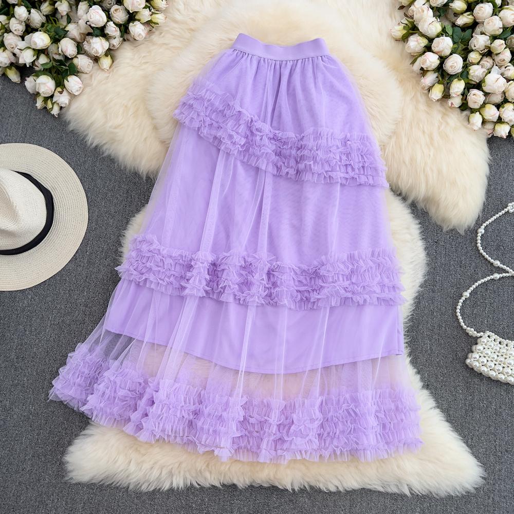 Summer High-Waisted Slim Multi-Layer Ruffled Tutu Skirt Mid-Length Over-The-Knee Elastic Waist Mesh Skirt Women