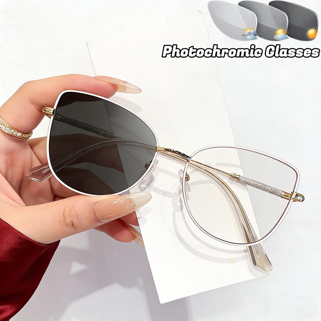 Fashionable Popular Photochromic Blue Light Blocking Glasses Luxury Metal Cat Eye UV-Protective Ladies' Stylish Plain Eyeglasses