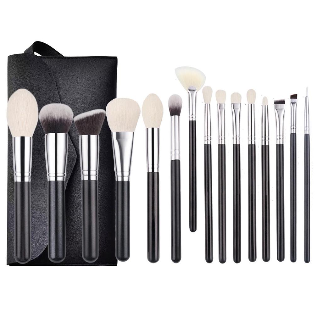 15dílná sada štětců na make-up s dřevěnou rukojetí a měkkými zvířecími štětinami: Obsahuje štětce na pudr, tvářenku a oční stíny