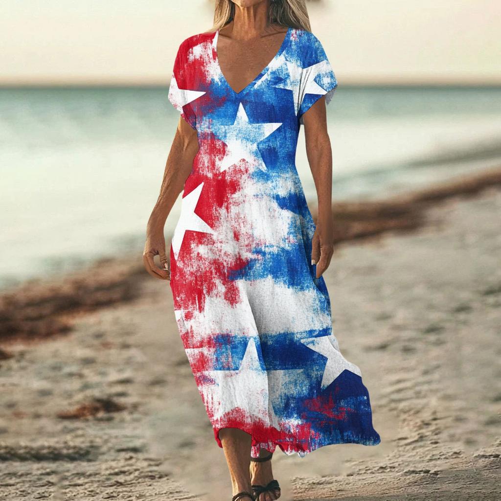Sommerkleid Damen Lang Strandkleid Elegantes Kleid V-Ausschnitt Kurzarm Sommerkleid Leicht Luftig