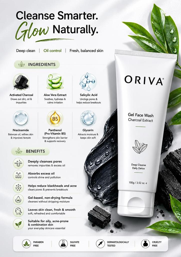 ORIVA Charcoal Gel Facewash with Aloe Vera | Deep Cleansing Face Cleanser for Oil Control, Blackhead Care & Pore Cleansing | Removes Dirt, Excess