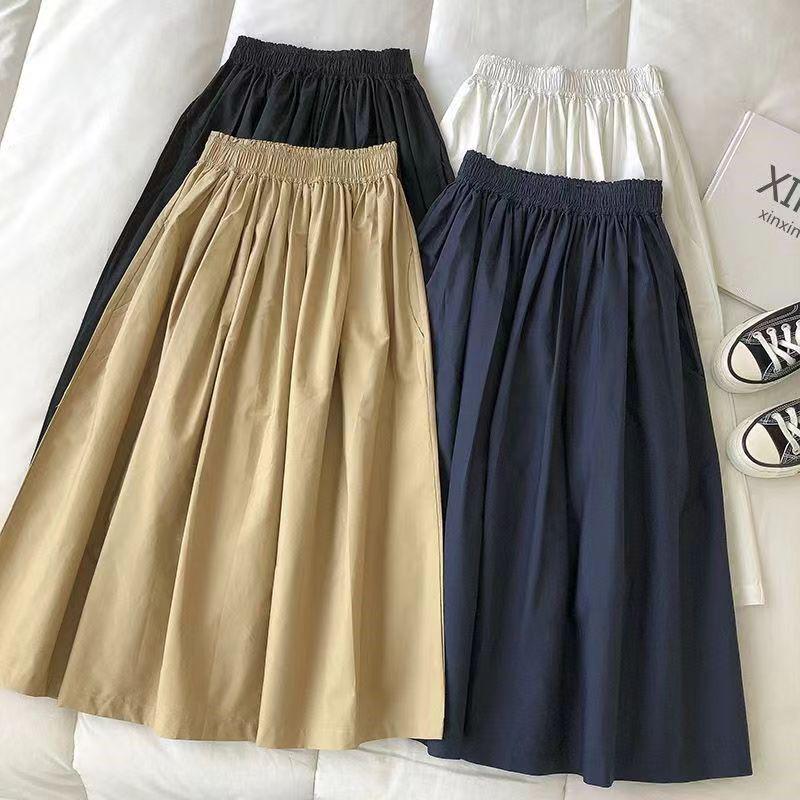 

2024 Summer Korean Style High Waist A-Line Midi Skirt with Double Pockets M