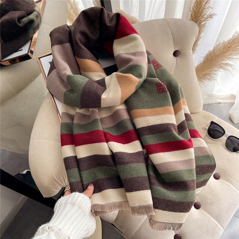 Autumn and winter colored striped imitation cashmere scarf women's student couple versatile thickened warm double-sided scarf