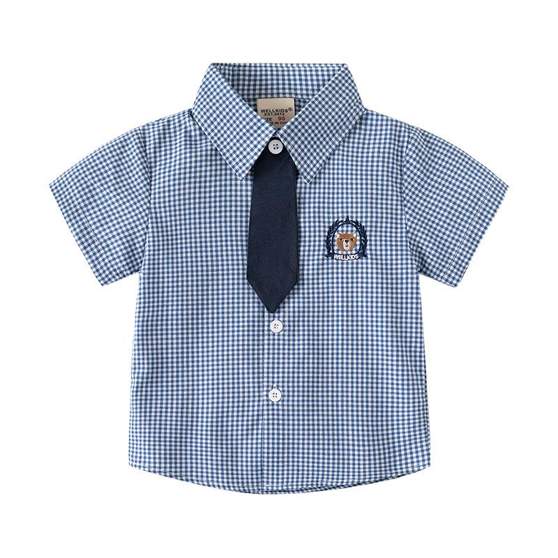 Boys Short Sleeve Dress Shirt Tie Embroidery Casual Button Down Top for Kids