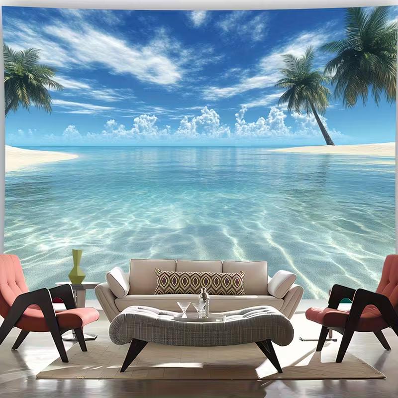Tropical Beach Ocean Tapestry, Palm Tree Seascape Background Cloth, Summer Wall Decor