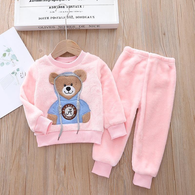 Småbarn Baby Gutter Klær Høst Vinter Barn Flanell Pyjamassett Tykk Varm Genser Tegneserie Søt bjørn Todelt Jentedress Joggedress