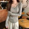 Milk Yellow Threaded Semi-open Neck Slim-fitting Knitted Shirt Women's Autumn and Winter Thin Pit Strip Design Sense Long-sleeved Bottoming Top