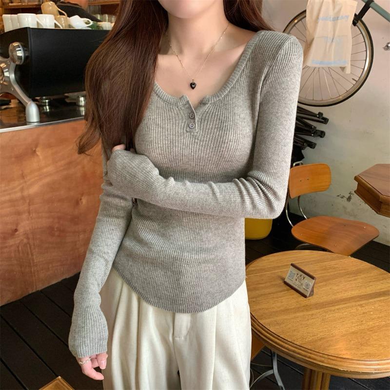 Milk Yellow Threaded Semi-open Neck Slim-fitting Knitted Shirt Women's Autumn and Winter Thin Pit Strip Design Sense Long-sleeved Bottoming Top