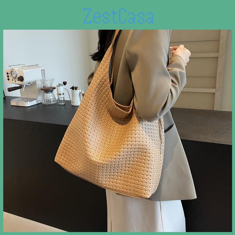 Color Solid Simple Large Capacity Women Casual Woven Tote Bag For Commuting