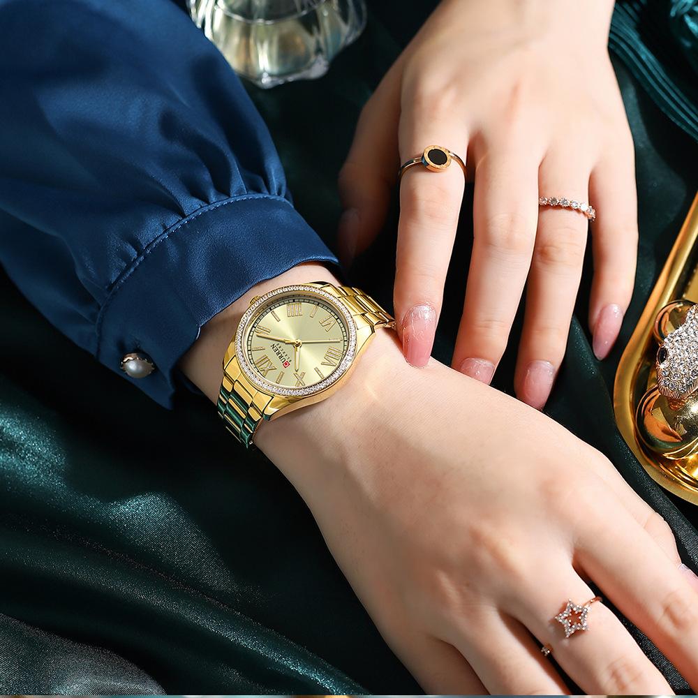 CURREN NEW Luxury Stainless Steel Wristwatches for Ladies Romantic Rose Pink with Rhinestones Roman Numeral Dial