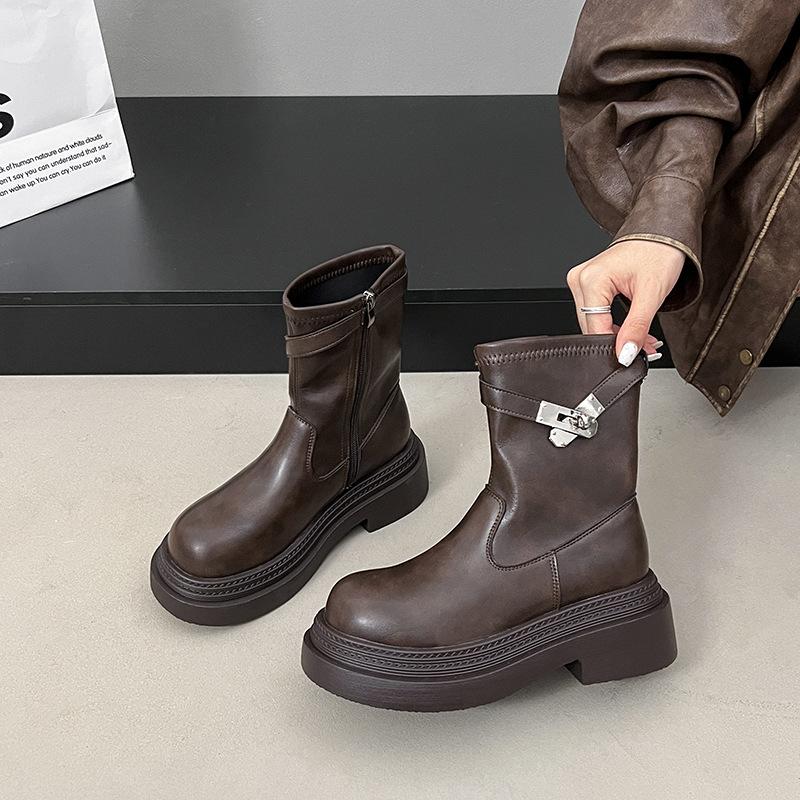 Thick heel platform knight boots women's Korean version but knee boots 2025 autumn and winter new round head high heel Martin boots